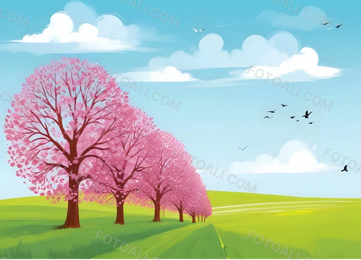 Row Of Blue Trees In A Green Field With A Blue Sky And White Clouds Birds Flying In The Distance Spring Landscape 15 A2f8