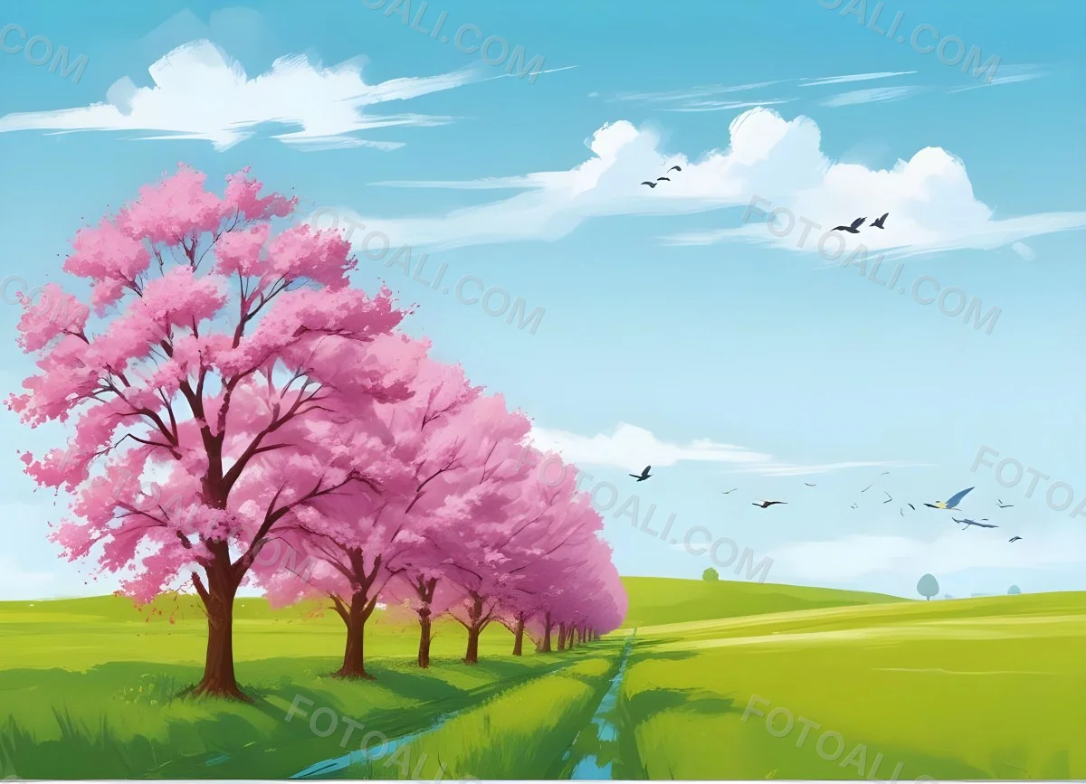 Row Of Blue Trees In A Green Field With A Blue Sky And White Clouds Birds Flying In The Distance Spring Landscape 18 Fa6f