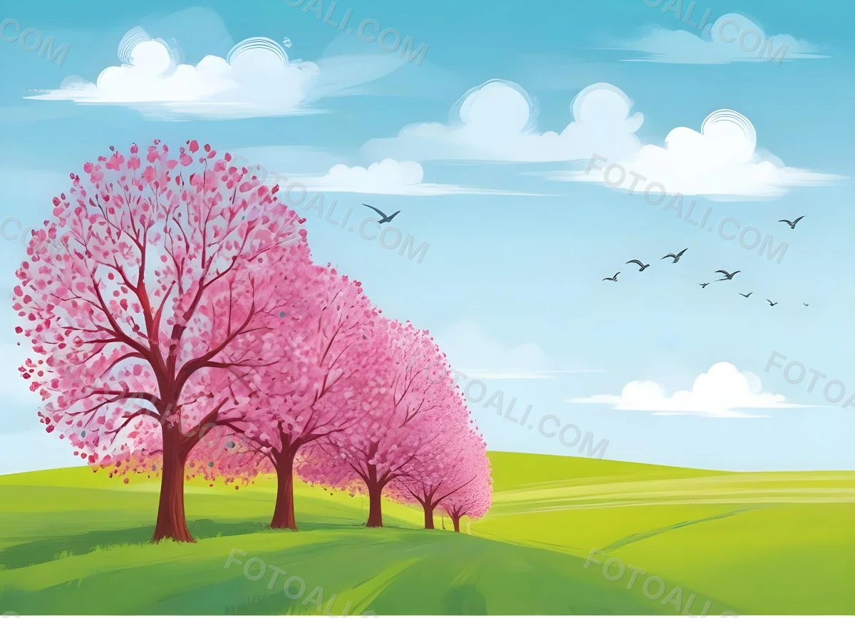Row Of Blue Trees In A Green Field With A Blue Sky And White Clouds Birds Flying In The Distance Spring Landscape 19 158c