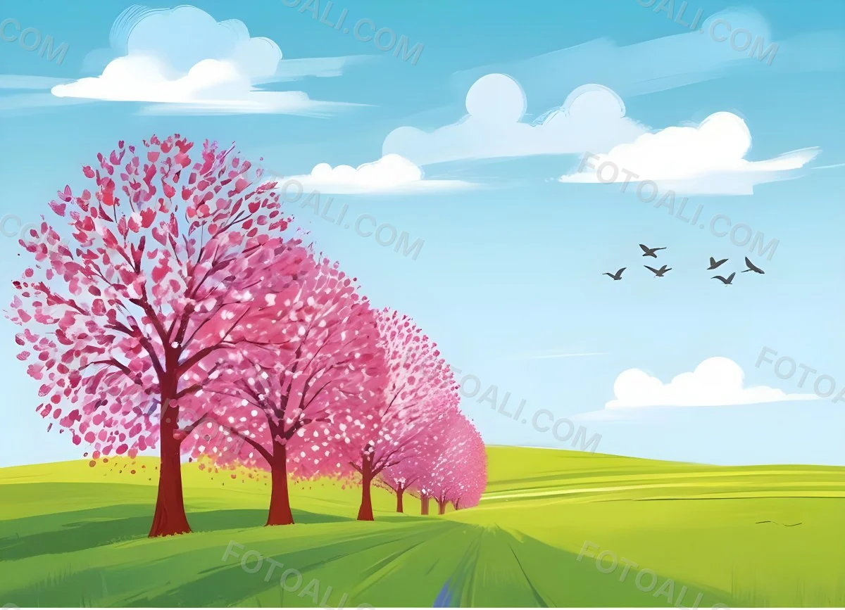 Row Of Blue Trees In A Green Field With A Blue Sky And White Clouds Birds Flying In The Distance Spring Landscape 21 Bbdb