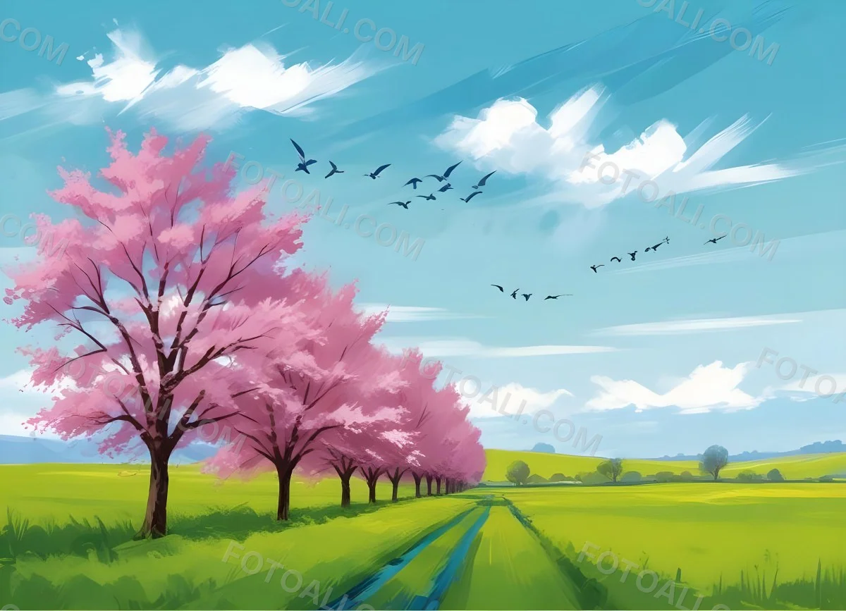 Row Of Blue Trees In A Green Field With A Blue Sky And White Clouds Birds Flying In The Distance Spring Landscape 24 3247