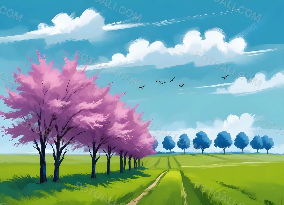 Row Of Blue Trees In A Green Field With A Blue Sky And White Clouds Birds Flying In The Distance Spring Landscape 3 7199