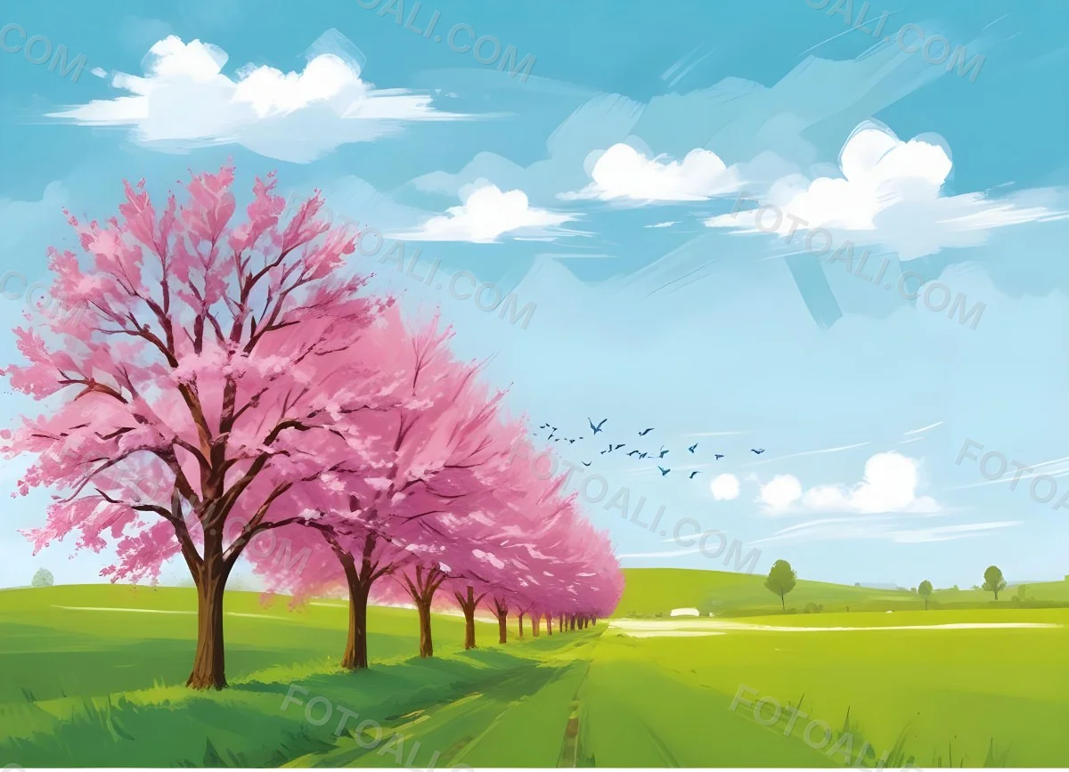 Row Of Blue Trees In A Green Field With A Blue Sky And White Clouds Birds Flying In The Distance Spring Landscape 4 4c81