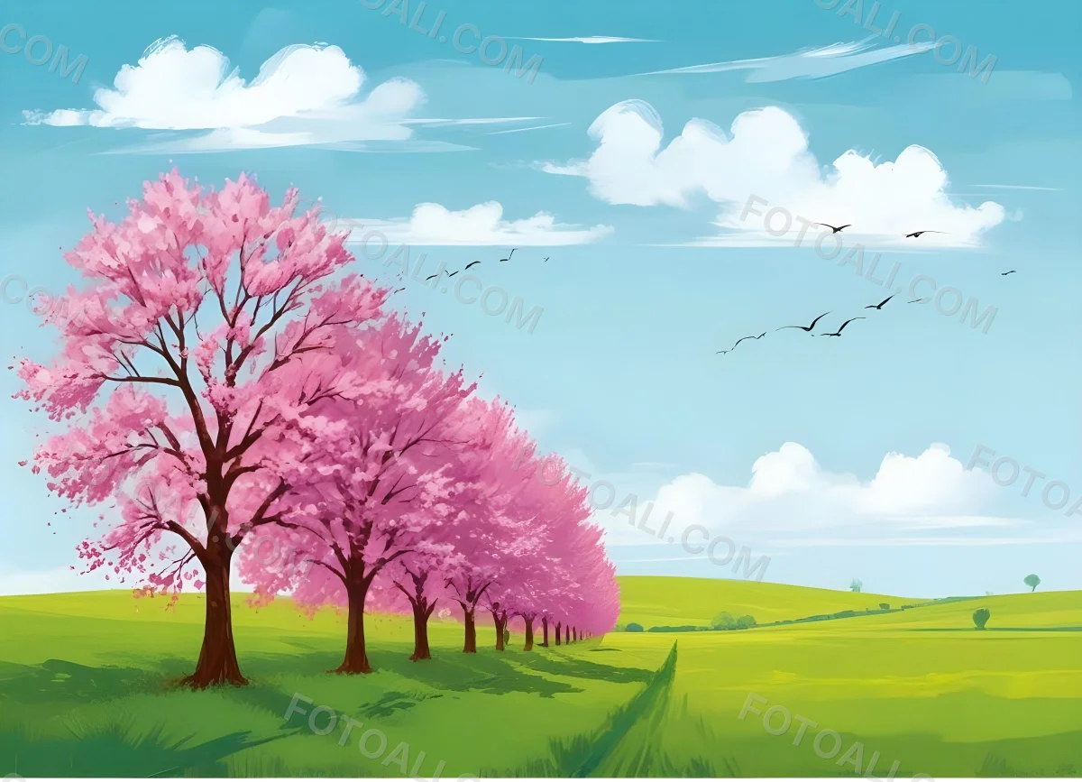 Row Of Blue Trees In A Green Field With A Blue Sky And White Clouds Birds Flying In The Distance Spring Landscape 7 16a5