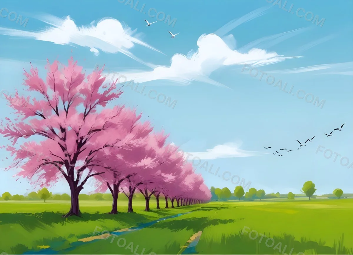 Row Of Blue Trees In A Green Field With A Blue Sky And White Clouds Birds Flying In The Distance Spring Landscape 9 Ff79