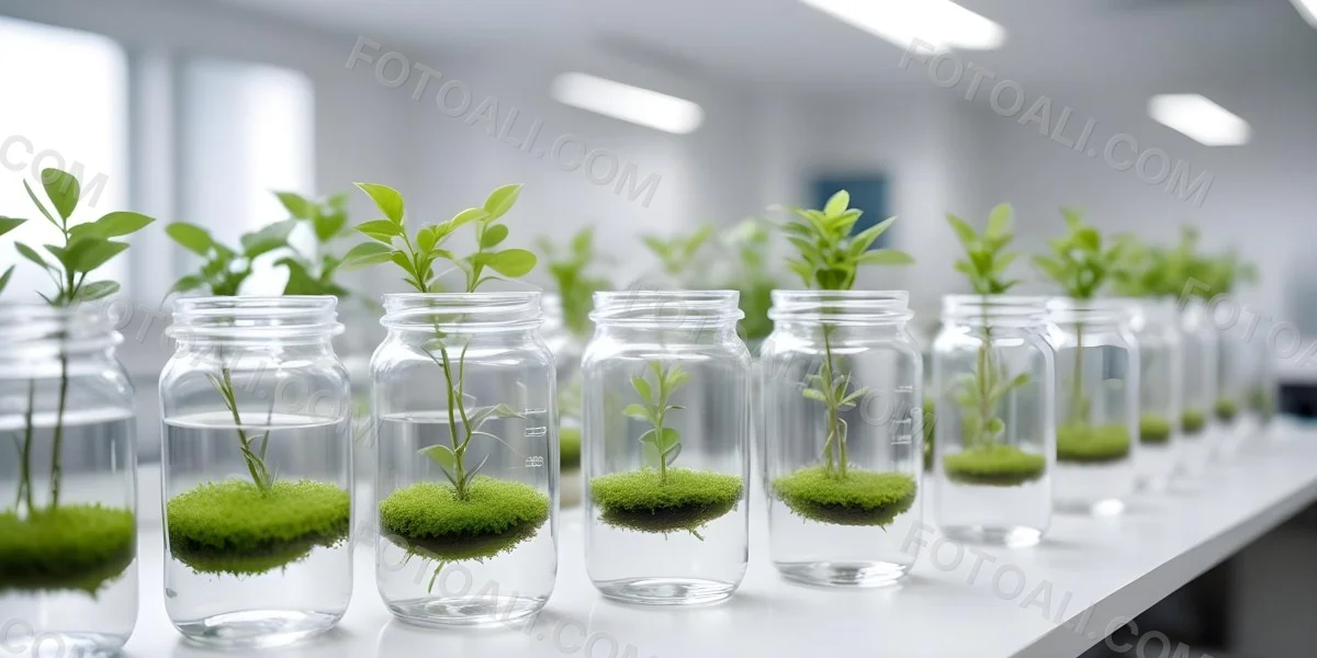Row Of Glass Jars Filled With Water And Small Green Plants Laboratory Environment With Blurred Equipment In The Background Bright And Clean 13 7b33