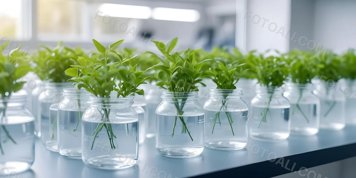 Row Of Glass Jars Filled With Water And Small Green Plants Laboratory Environment With Blurred Equipment In The Background Bright And Clean 14 8531