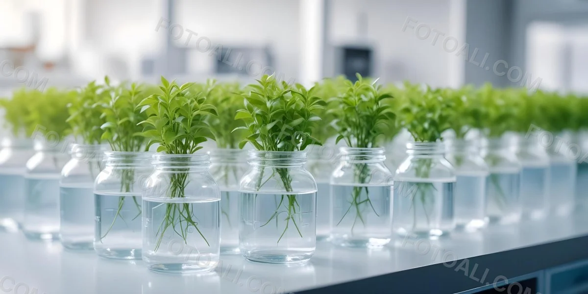 Row Of Glass Jars Filled With Water And Small Green Plants Laboratory Environment With Blurred Equipment In The Background Bright And Clean 18 4b66