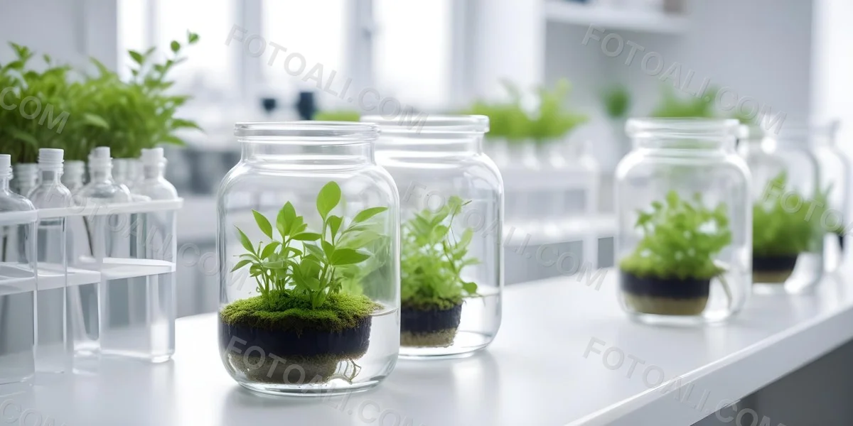Row Of Glass Jars Filled With Water And Small Green Plants Laboratory Environment With Blurred Equipment In The Background Bright And Clean 27 6960