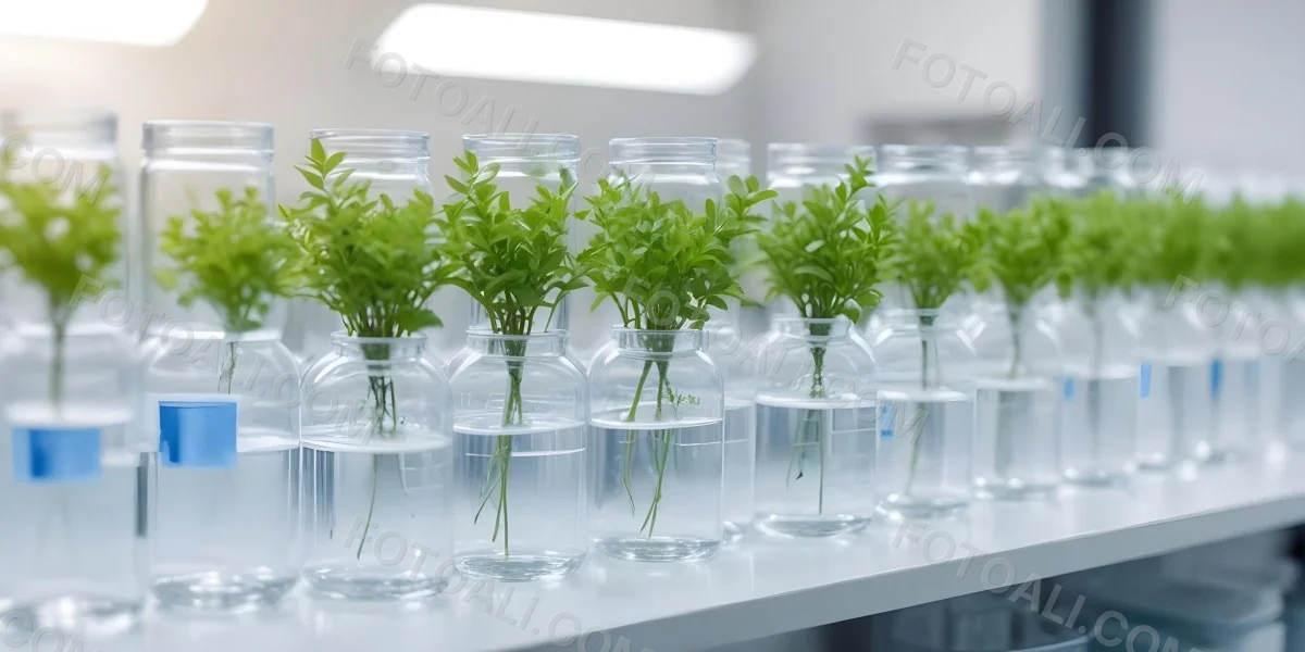 Row Of Glass Jars Filled With Water And Small Green Plants Laboratory Environment With Blurred Equipment In The Background Bright And Clean 29 Ecde