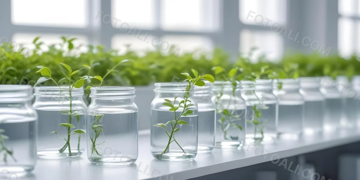 Row Of Glass Jars Filled With Water And Small Green Plants Laboratory Environment With Blurred Equipment In The Background Bright And Clean 3 B7d4