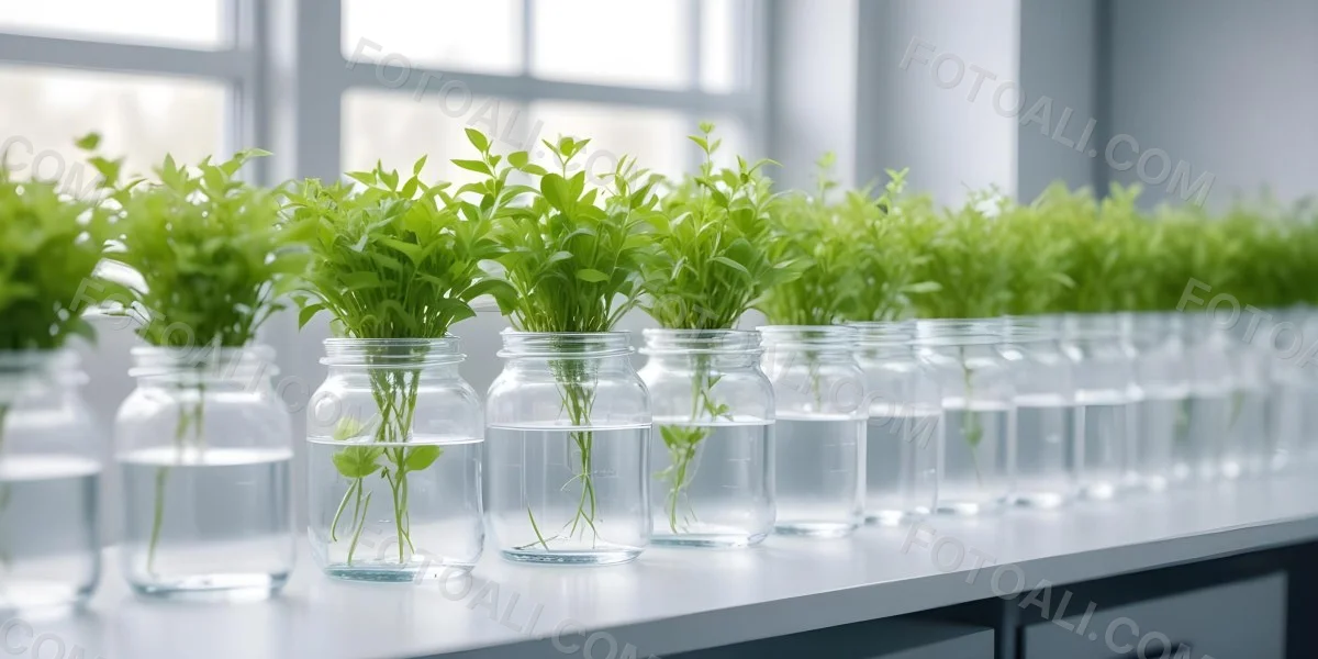 Row Of Glass Jars Filled With Water And Small Green Plants Laboratory Environment With Blurred Equipment In The Background Bright And Clean 32 D98a