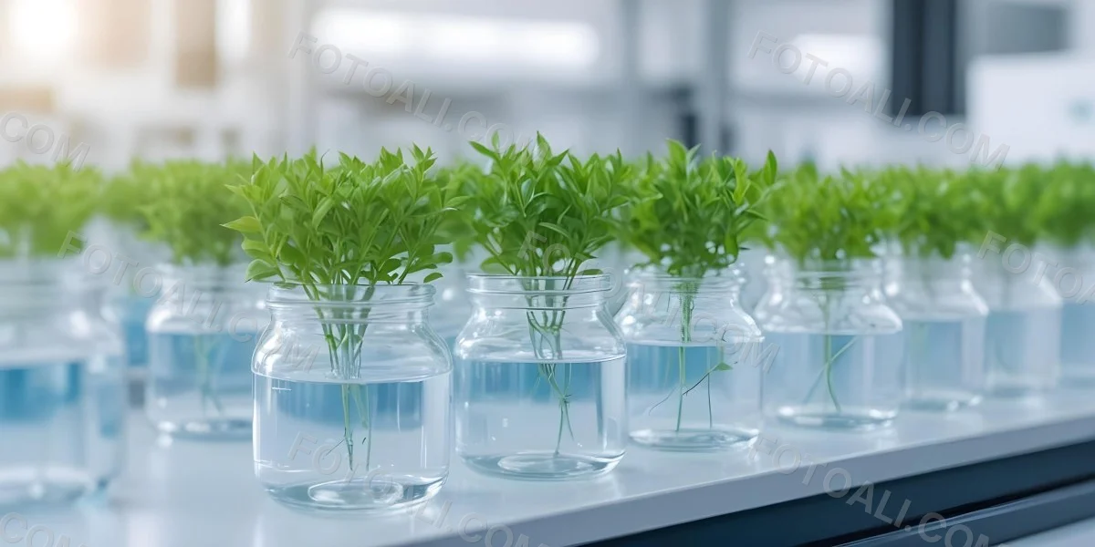 Row Of Glass Jars Filled With Water And Small Green Plants Laboratory Environment With Blurred Equipment In The Background Bright And Clean 4 Dd83