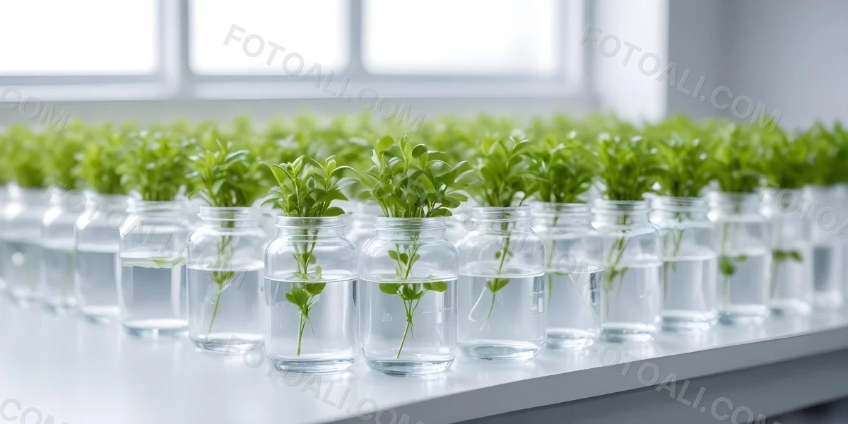 Row Of Glass Jars Filled With Water And Small Green Plants Laboratory Environment With Blurred Equipment In The Background Bright And Clean 5 8664