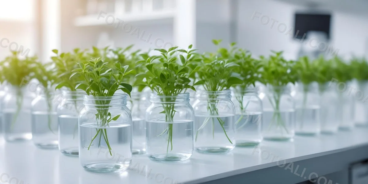 Row Of Glass Jars Filled With Water And Small Green Plants Laboratory Environment With Blurred Equipment In The Background Bright And Clean 6 Ea07
