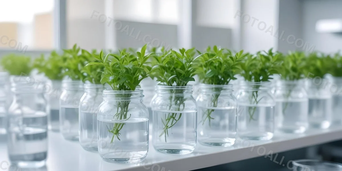 Row Of Glass Jars Filled With Water And Small Green Plants Laboratory Environment With Blurred Equipment In The Background Bright And Clean 7 9fe6
