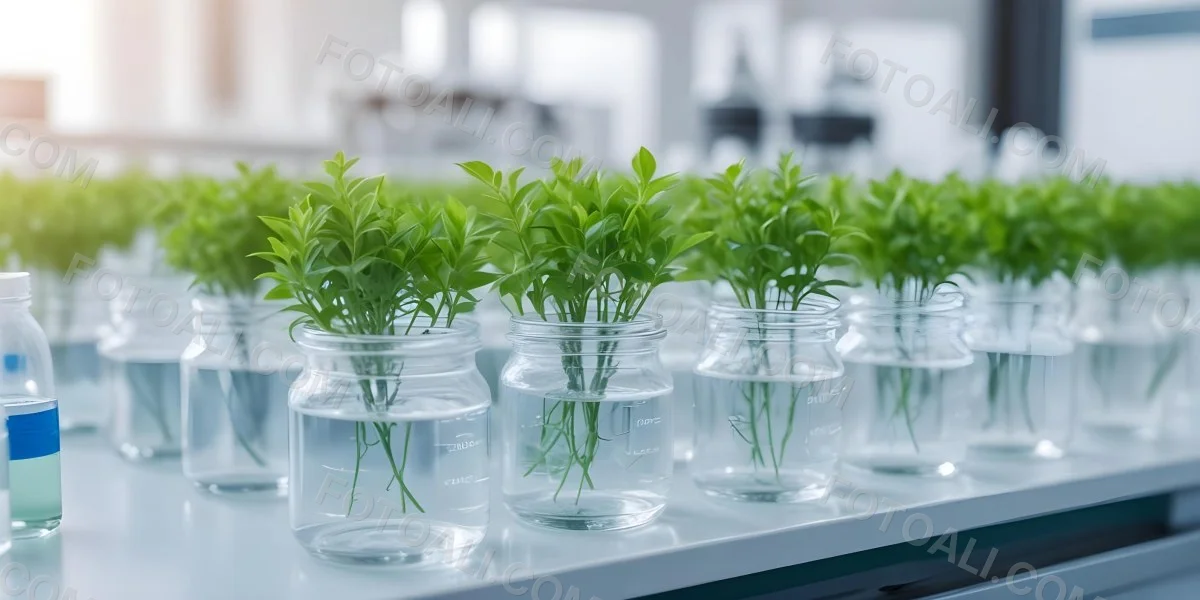 Row Of Glass Jars Filled With Water And Small Green Plants Laboratory Environment With Blurred Equipment In The Background Bright And Clean 8 984c
