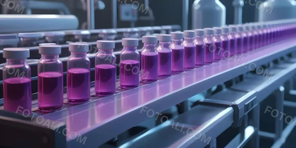 Row Of Glass Vials Filled With Purple Liquid On A Conveyor Belt A Hand With A Checklist In The Foreground Pharmaceutical Manufacturing Environment 1 1383