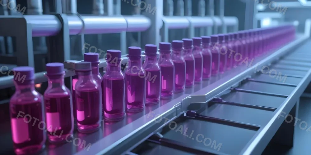 Row Of Glass Vials Filled With Purple Liquid On A Conveyor Belt A Hand With A Checklist In The Foreground Pharmaceutical Manufacturing Environment 2 66e6