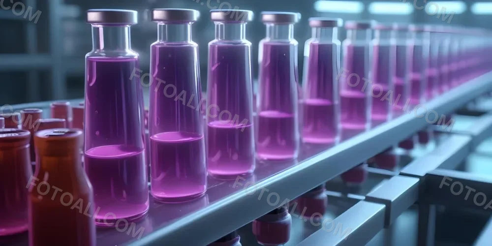 Row Of Glass Vials Filled With Purple Liquid On A Conveyor Belt A Hand With A Checklist In The Foreground Pharmaceutical Manufacturing Environment 3 B80c