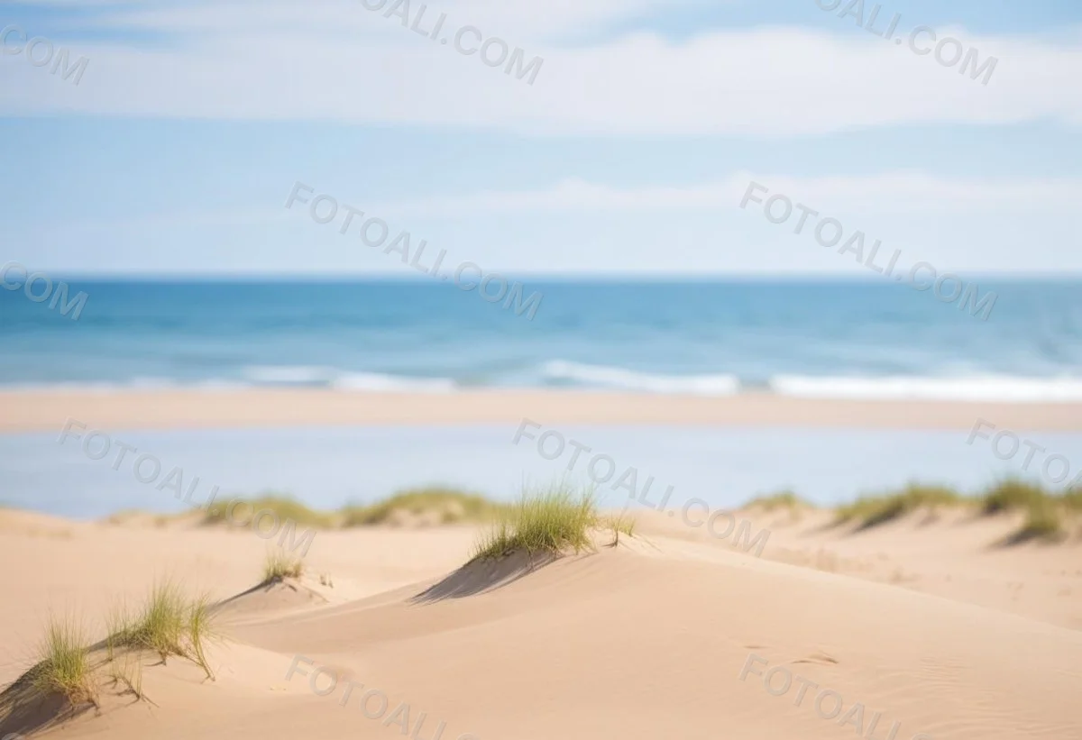 Sand Dunes On A Beach With A Blurred Blue Sky And Ocean In The Background 1 D513