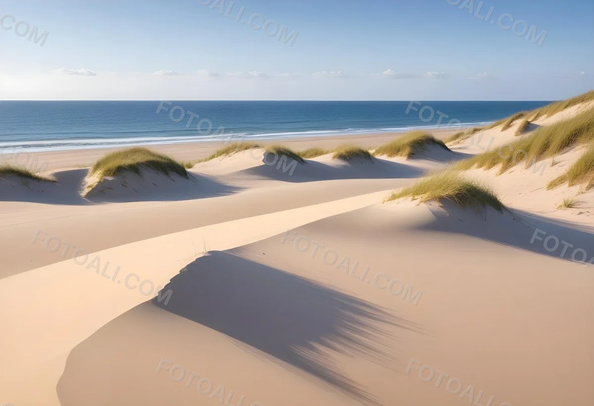 Sand Dunes On A Beach With A Blurred Blue Sky And Ocean In The Background 17 9b90
