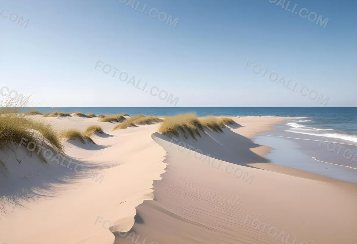Sand Dunes On A Beach With A Blurred Blue Sky And Ocean In The Background 19 9ed6