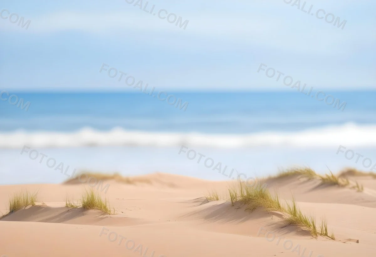 Sand Dunes On A Beach With A Blurred Blue Sky And Ocean In The Background 22 9aed