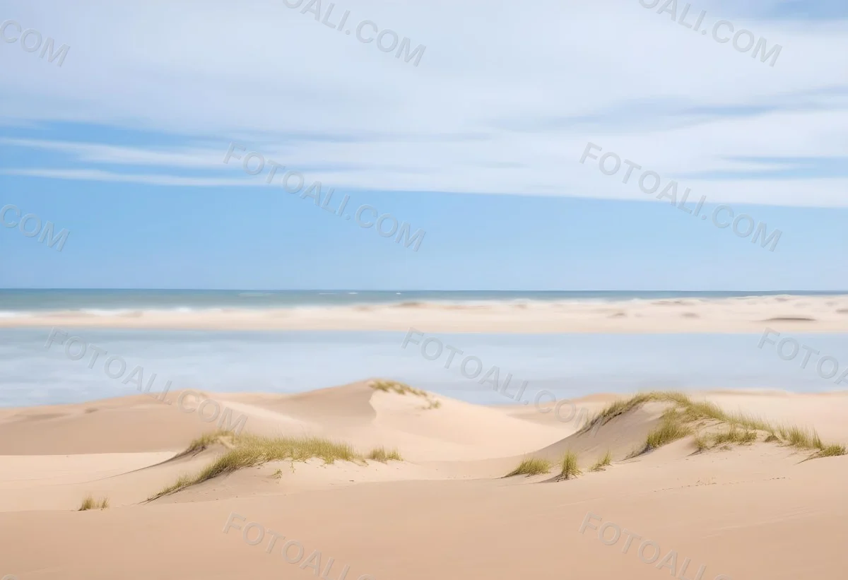 Sand Dunes On A Beach With A Blurred Blue Sky And Ocean In The Background 26 C0d8