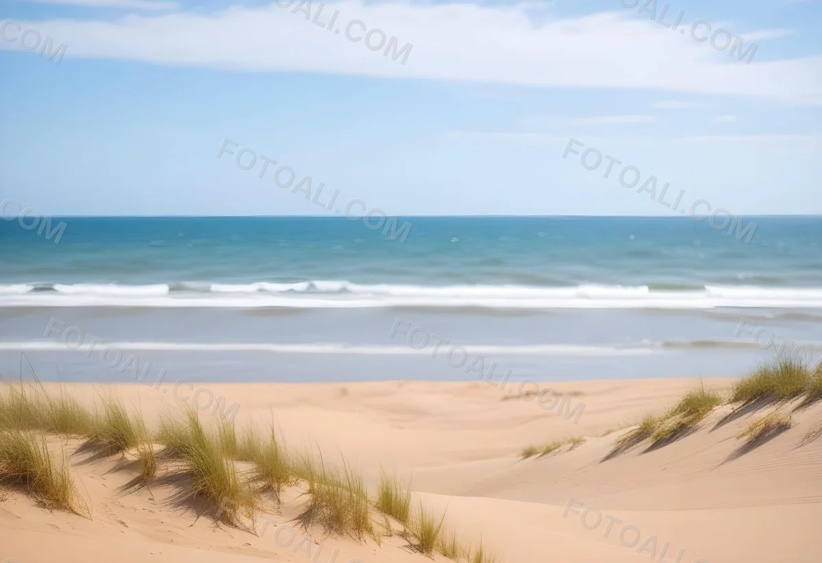 Sand Dunes On A Beach With A Blurred Blue Sky And Ocean In The Background 27 F039