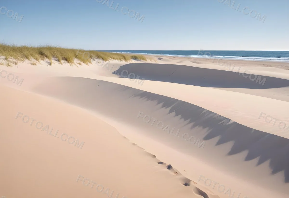 Sand Dunes On A Beach With A Blurred Blue Sky And Ocean In The Background 3 C41f