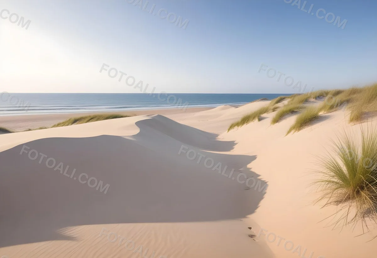 Sand Dunes On A Beach With A Blurred Blue Sky And Ocean In The Background 31 Cb4c