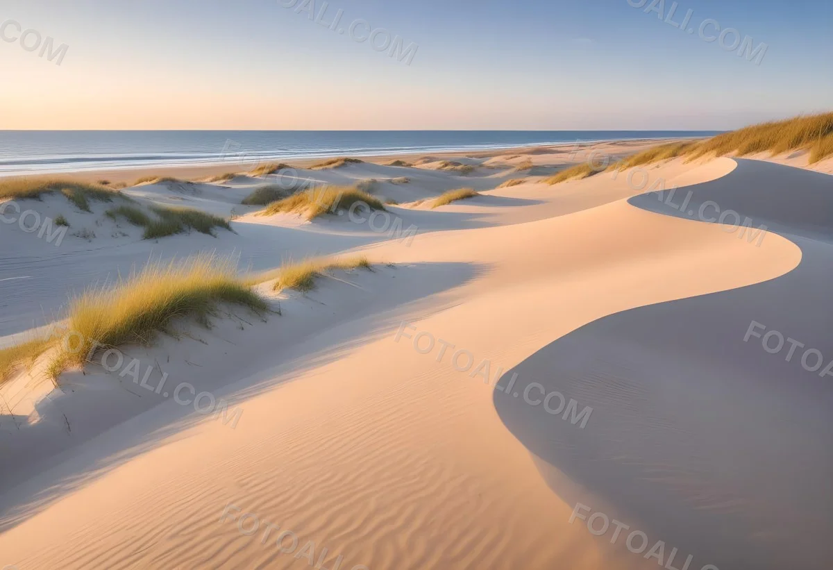 Sand Dunes On A Beach With A Blurred Blue Sky And Ocean In The Background 4 Fe68