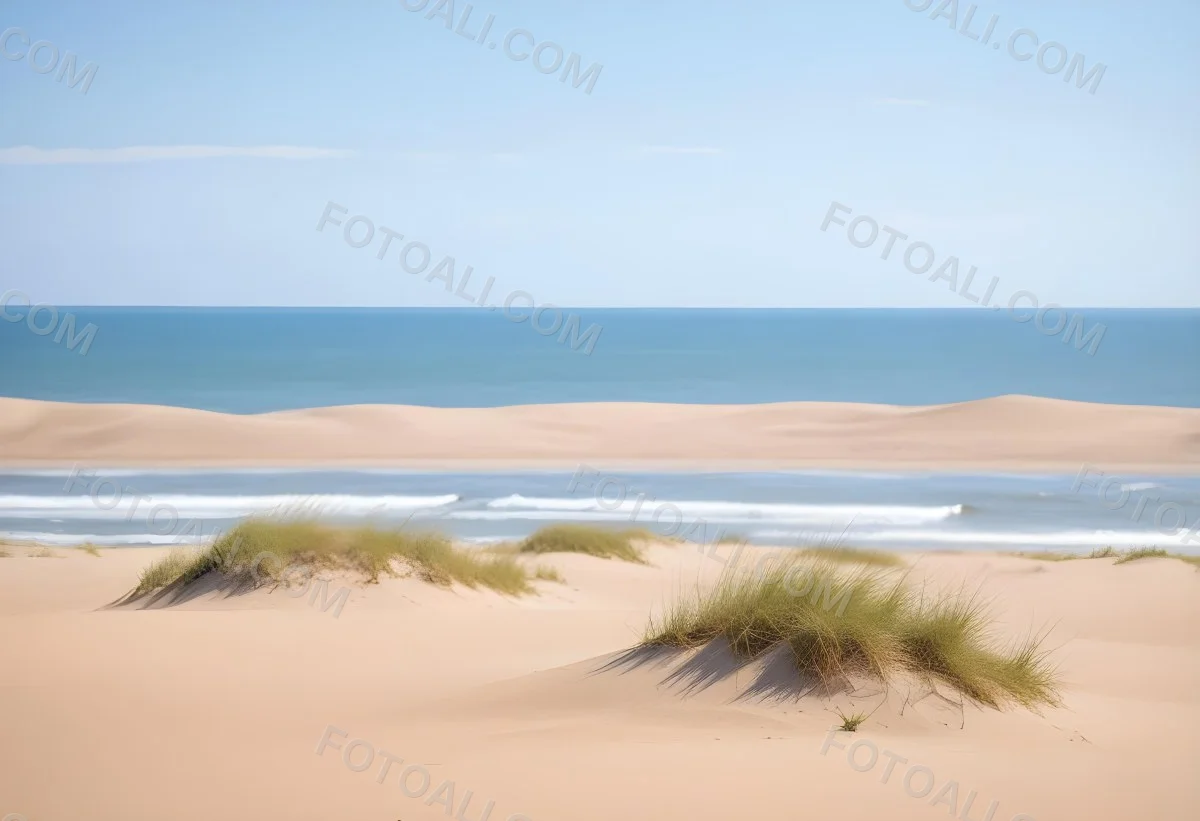 Sand Dunes On A Beach With A Blurred Blue Sky And Ocean In The Background 5 27b6
