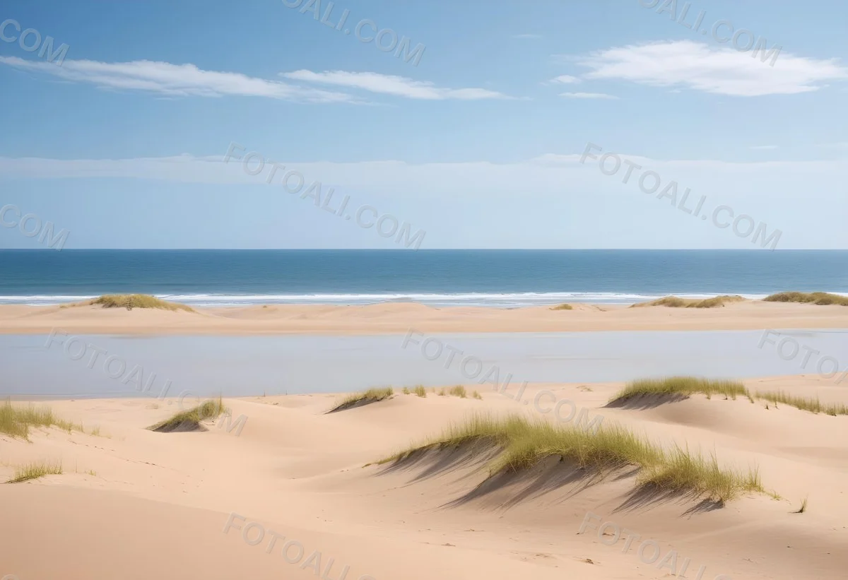 Sand Dunes On A Beach With A Blurred Blue Sky And Ocean In The Background 8 0d8c