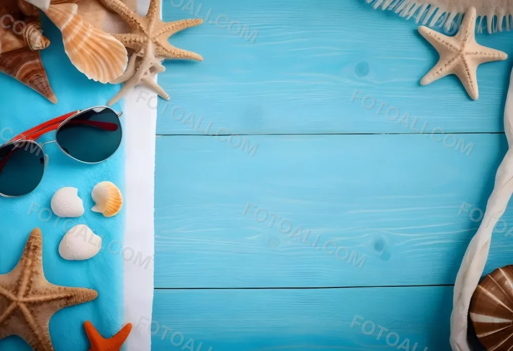 Seashells Starfish Sunglasses And Towel On A Blue Wooden Surface Summer Vacation Concept Beach Background 2 8145