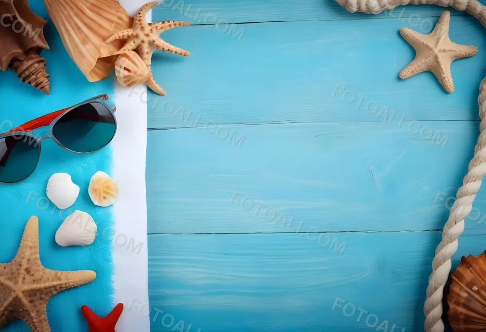 Seashells Starfish Sunglasses And Towel On A Blue Wooden Surface Summer Vacation Concept Beach Background 30 6faf