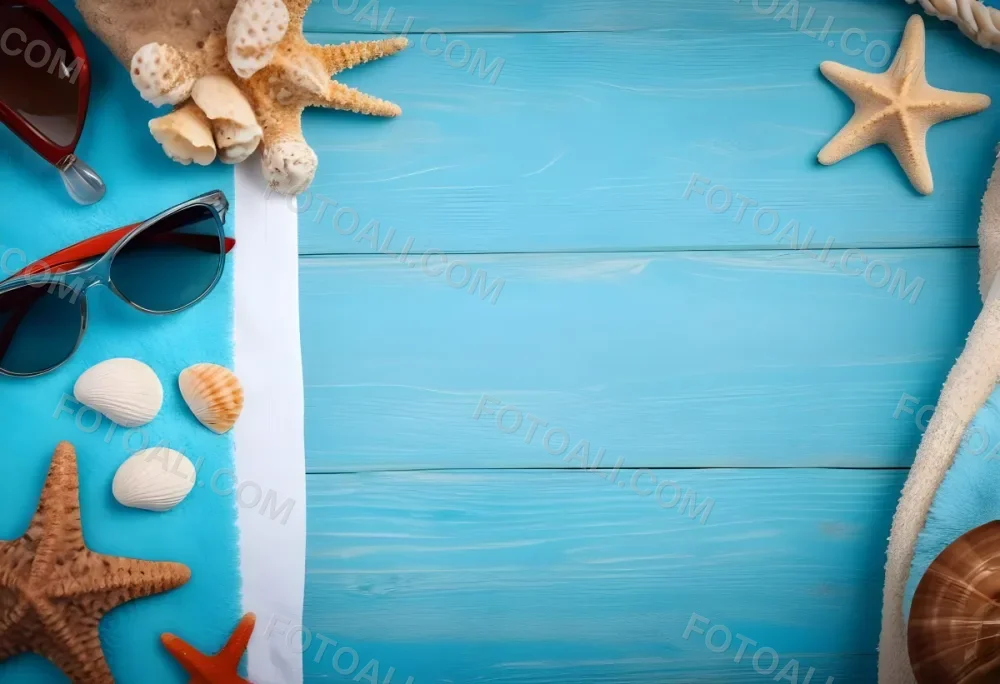 Seashells Starfish Sunglasses And Towel On A Blue Wooden Surface Summer Vacation Concept Beach Background 51 C599