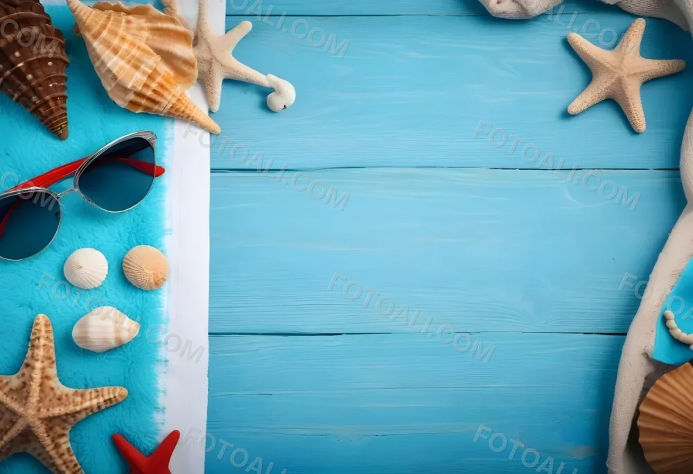 Seashells Starfish Sunglasses And Towel On A Blue Wooden Surface Summer Vacation Concept Beach Background 54 42d3