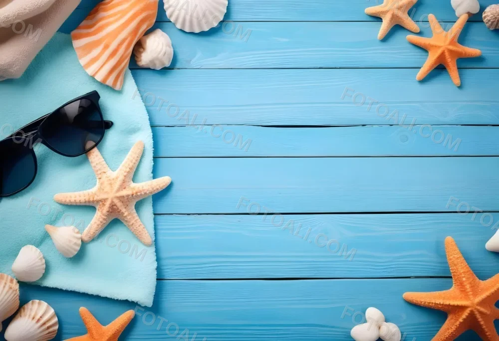 Seashells Starfish Sunglasses And Towel On A Blue Wooden Surface Summer Vacation Concept Beach Background 55 2454