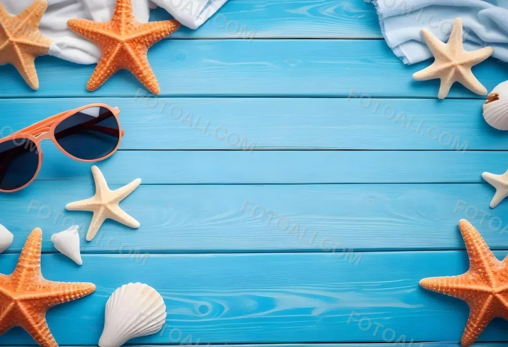 Seashells Starfish Sunglasses And Towel On A Blue Wooden Surface Summer Vacation Concept Beach Background 57 Ec2f
