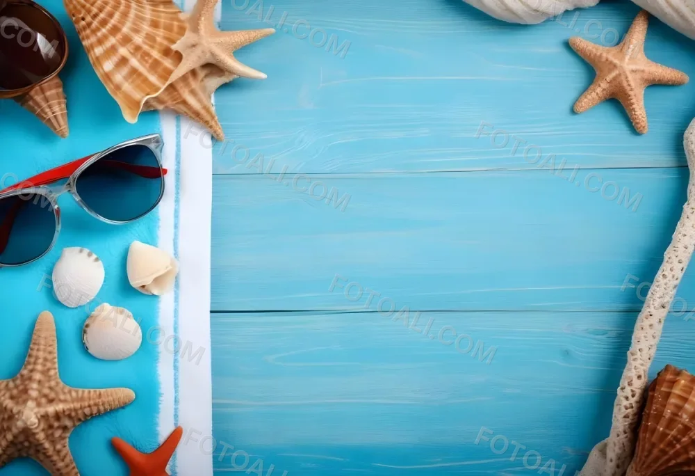 Seashells Starfish Sunglasses And Towel On A Blue Wooden Surface Summer Vacation Concept Beach Background 6 4fd9