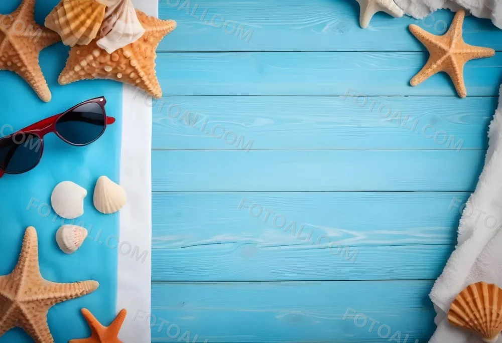 Seashells Starfish Sunglasses And Towel On A Blue Wooden Surface Summer Vacation Concept Beach Background 61 Ae4b