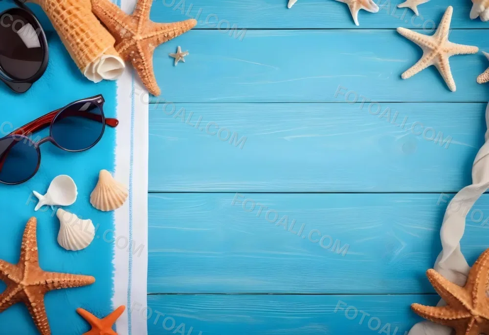 Seashells Starfish Sunglasses And Towel On A Blue Wooden Surface Summer Vacation Concept Beach Background 62 0302