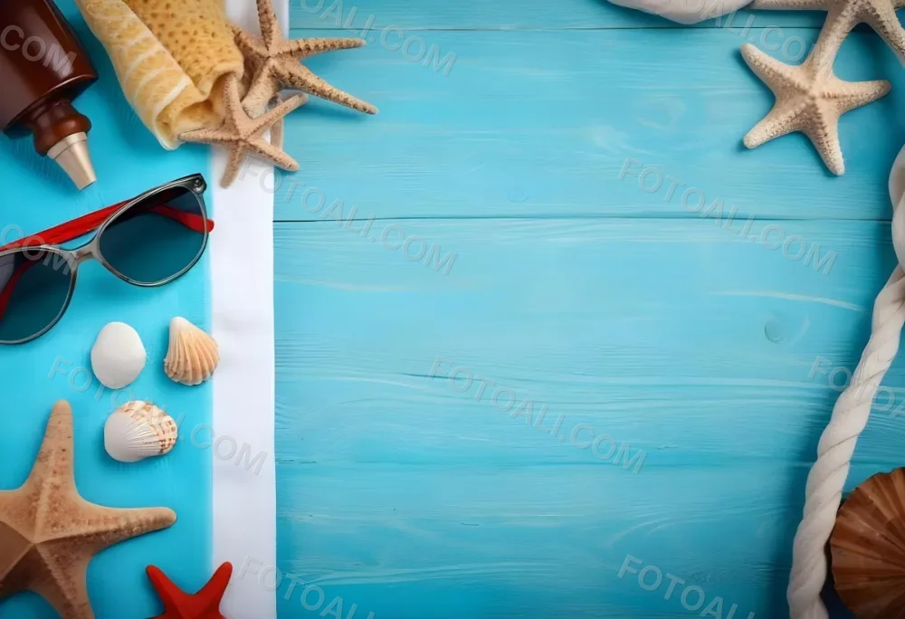 Seashells Starfish Sunglasses And Towel On A Blue Wooden Surface Summer Vacation Concept Beach Background 7 7016