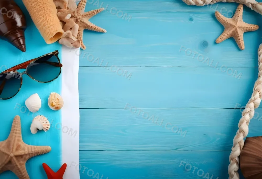 Seashells Starfish Sunglasses And Towel On A Blue Wooden Surface Summer Vacation Concept Beach Background 8 A87a