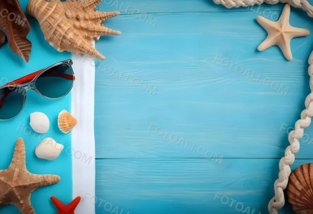 Seashells Starfish Sunglasses And Towel On A Blue Wooden Surface Summer Vacation Concept Beach Background 9 5279