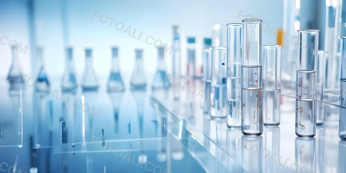 Several Transparent Glass Vials And Test Tubes Filled With Clear Liquid Arranged On A Reflective Surface With A Blurred Laboratory Background 8 8718