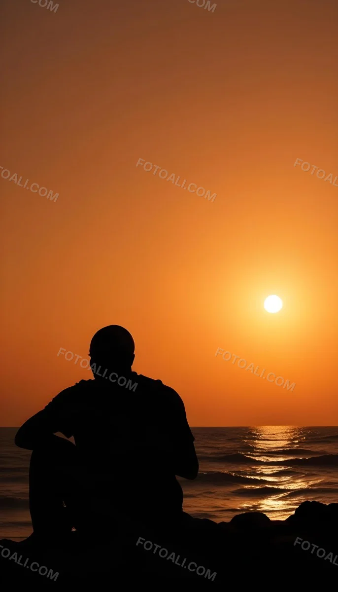Silhouette Of A Black Man 30 Years Old Bald Contemplating The Sunset On The Beach Orange Sky Dark Ocean 16 52f5