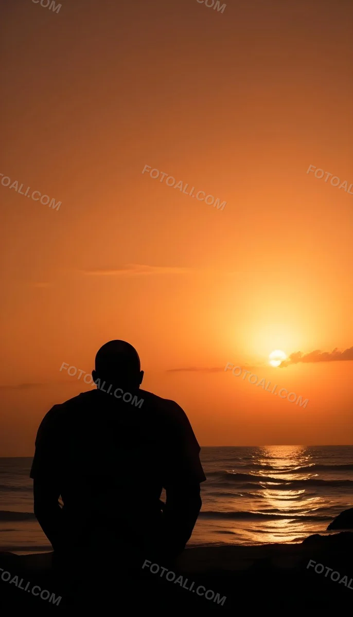 Silhouette Of A Black Man 30 Years Old Bald Contemplating The Sunset On The Beach Orange Sky Dark Ocean 21 5ba9